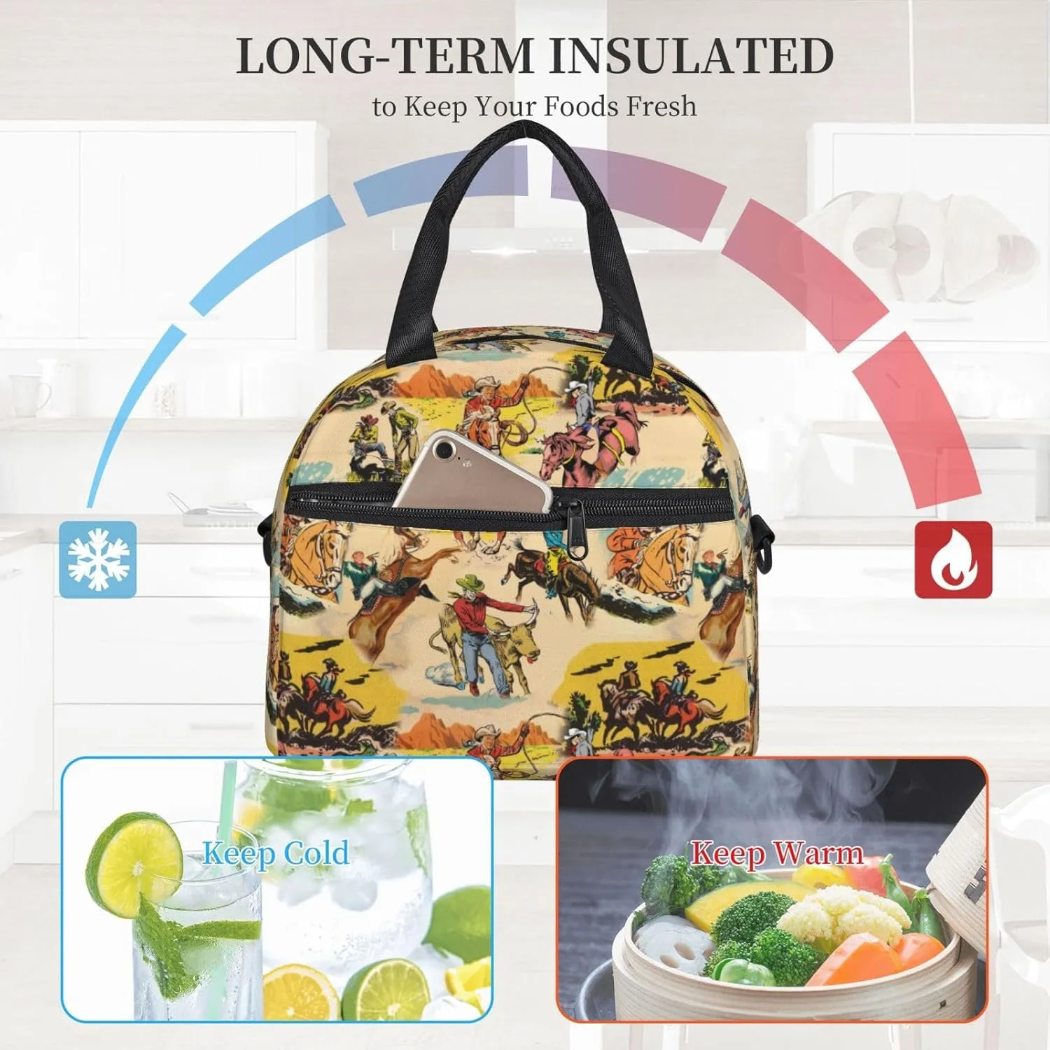 Western Lunch Box for Women Leakproof Cow Print Insulated Lunch Tote Bag for Work/Office/Travel/Picnic (#2-Western Collage)
