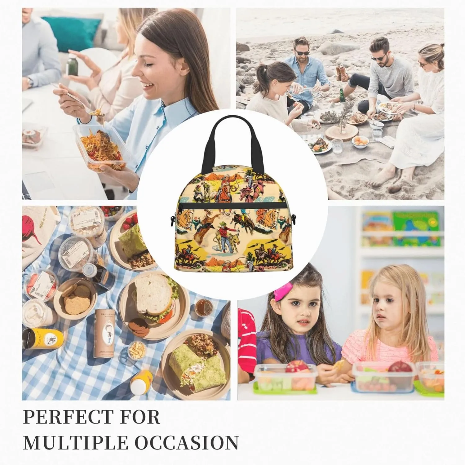 Western Lunch Box for Women Leakproof Cow Print Insulated Lunch Tote Bag for Work/Office/Travel/Picnic (#2-Western Collage)
