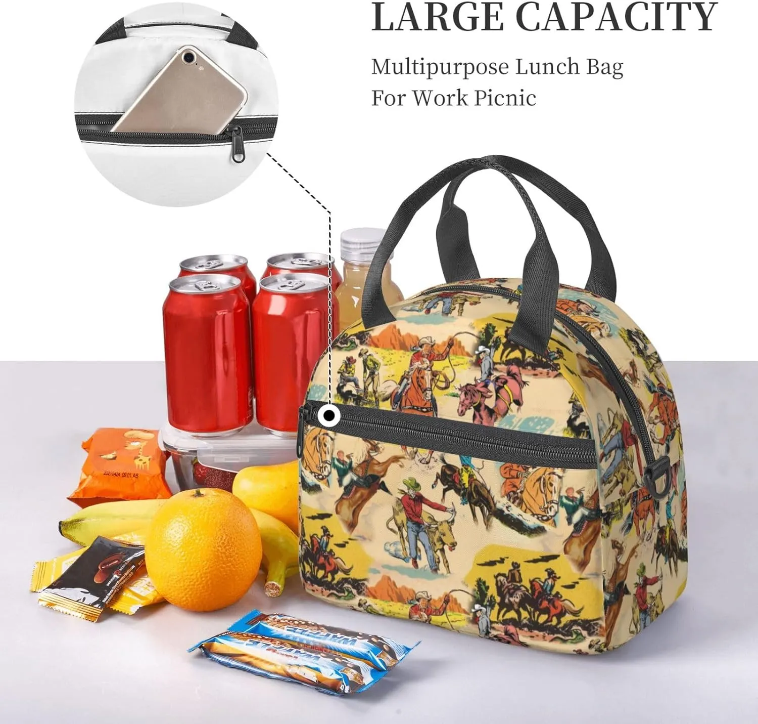 Western Lunch Box for Women Leakproof Cow Print Insulated Lunch Tote Bag for Work/Office/Travel/Picnic (#2-Western Collage)