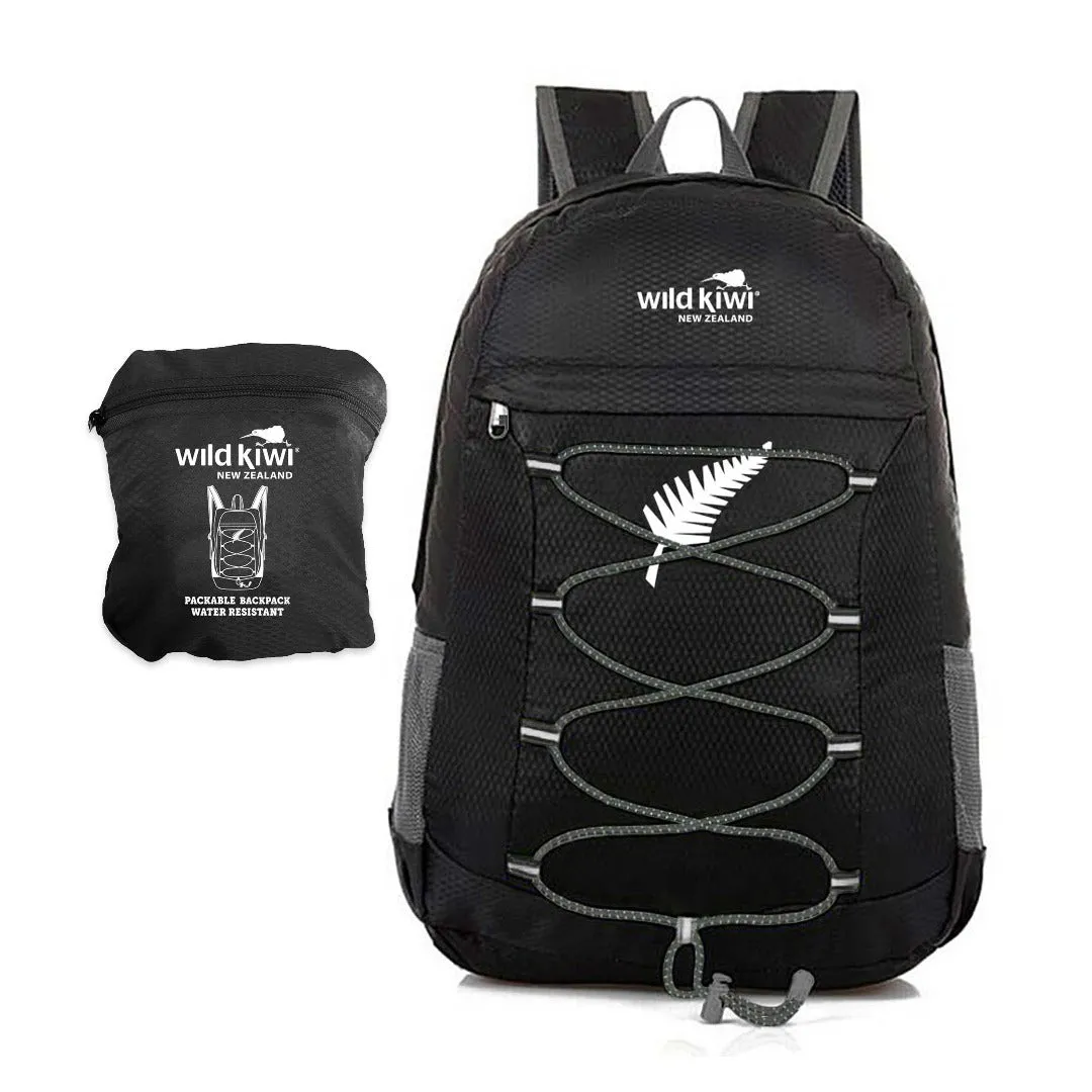 Wild Kiwi Silver Fern Pocket Pack Packable Backpack Black