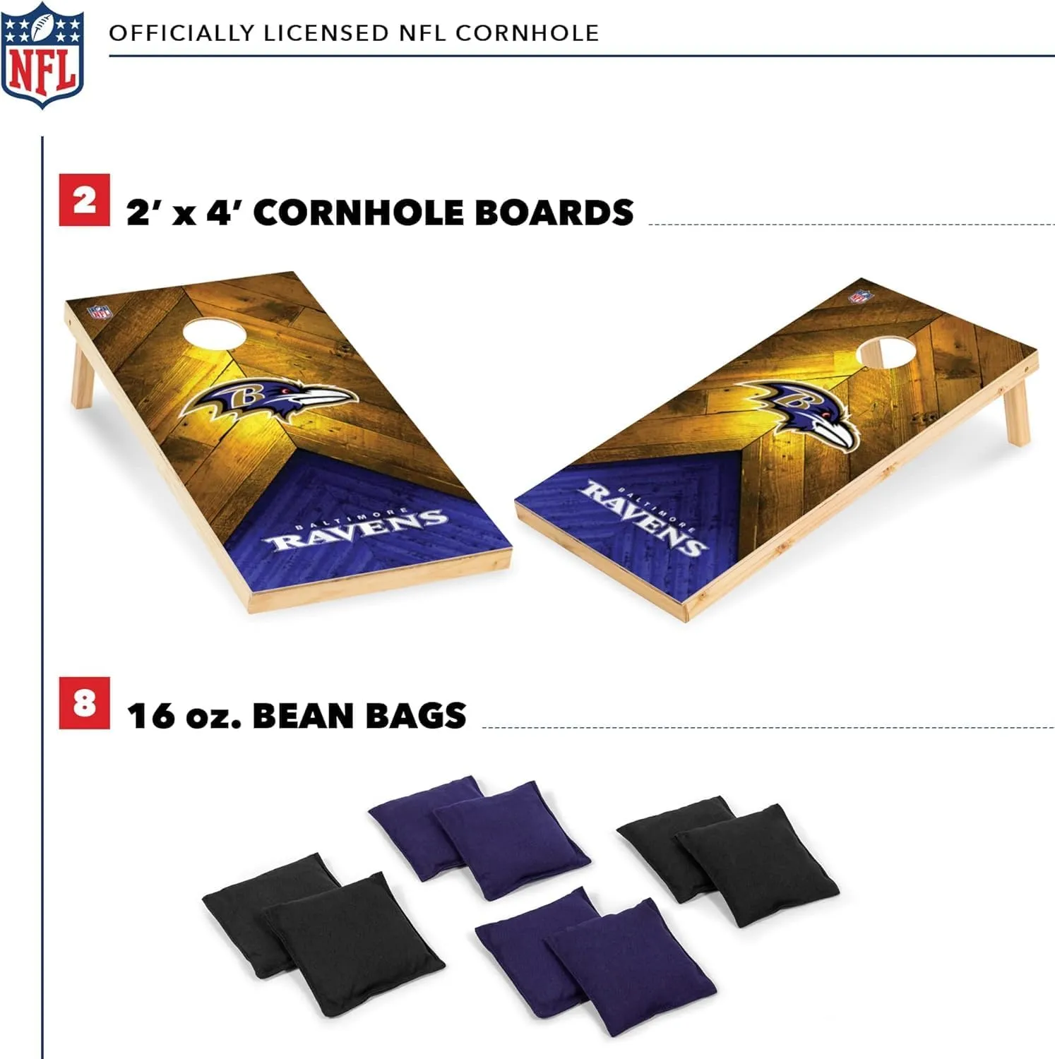 Wild Sports NFL Football 2' x 4' Regulation Size Solid Wood Cornhole Set with Direct Print HD Team Graphics Great Gift for Any Football Fan! Bean Bag Toss Family Outdoor Game