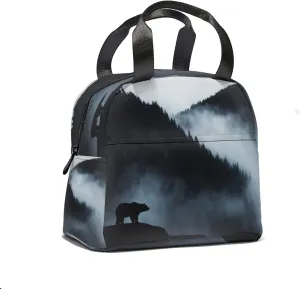 Wilderness Landscape With Bears Lunch Tote Bag Simple Design for Women Men Mountain Range Reusable Handle Insulated Lunch Box Front Pocket for School,Picnic,Work