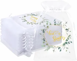Windyun 200 Pcs Love Is Sweet Organza Bags for Wedding Treat 4 x 6 Inch Wedding Favor Candy Gift Bags Bulk Small Sheer Eucalyptus Leave Jewelry mesh pouches with Drawstring for Baby Shower Supply
