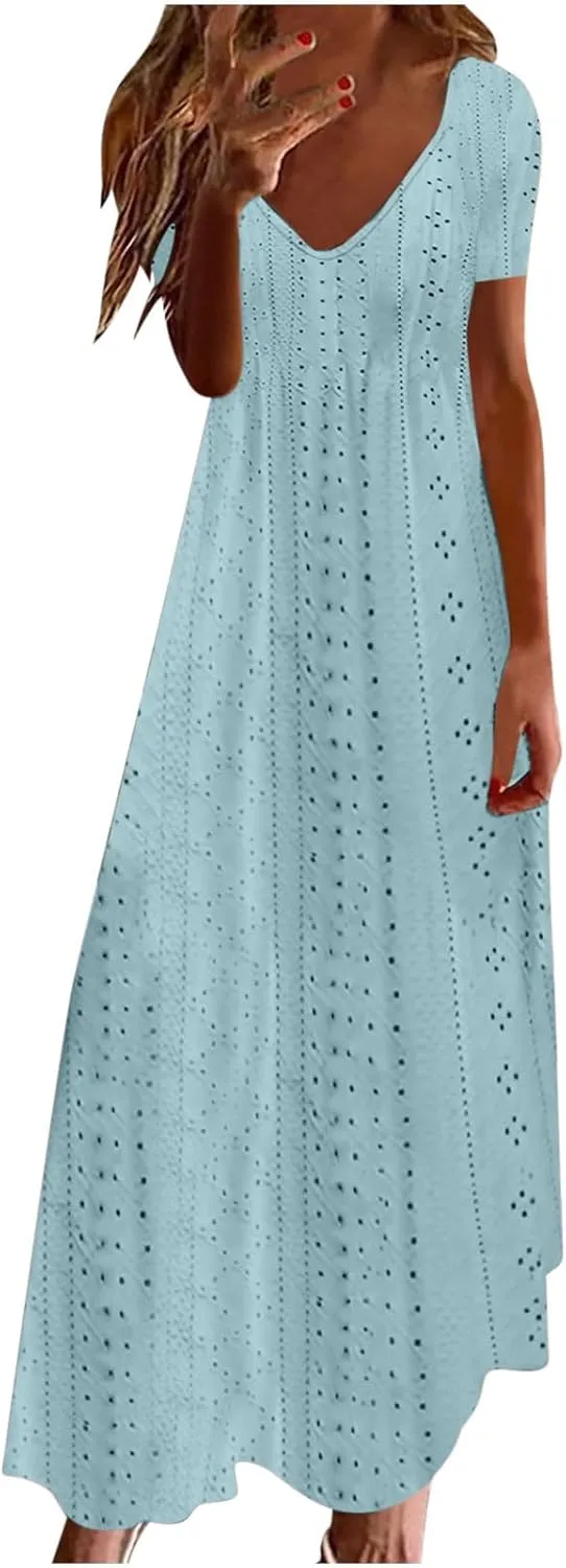 Women Casual Holiday Style Long Dress Short Sleeve V-Neck Hollow Out Dress Solid Loose Tunic Hide Belly Dress