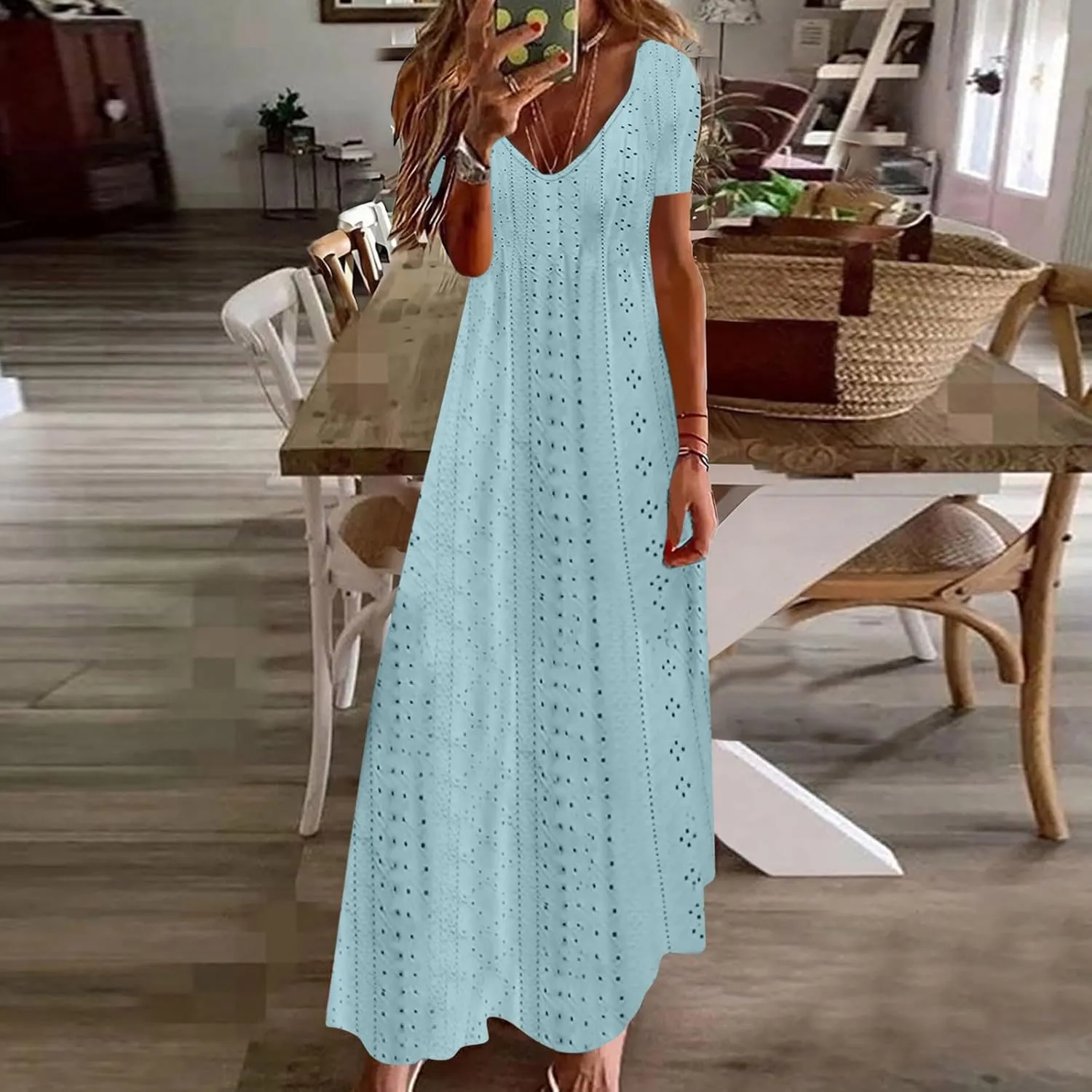 Women Casual Holiday Style Long Dress Short Sleeve V-Neck Hollow Out Dress Solid Loose Tunic Hide Belly Dress
