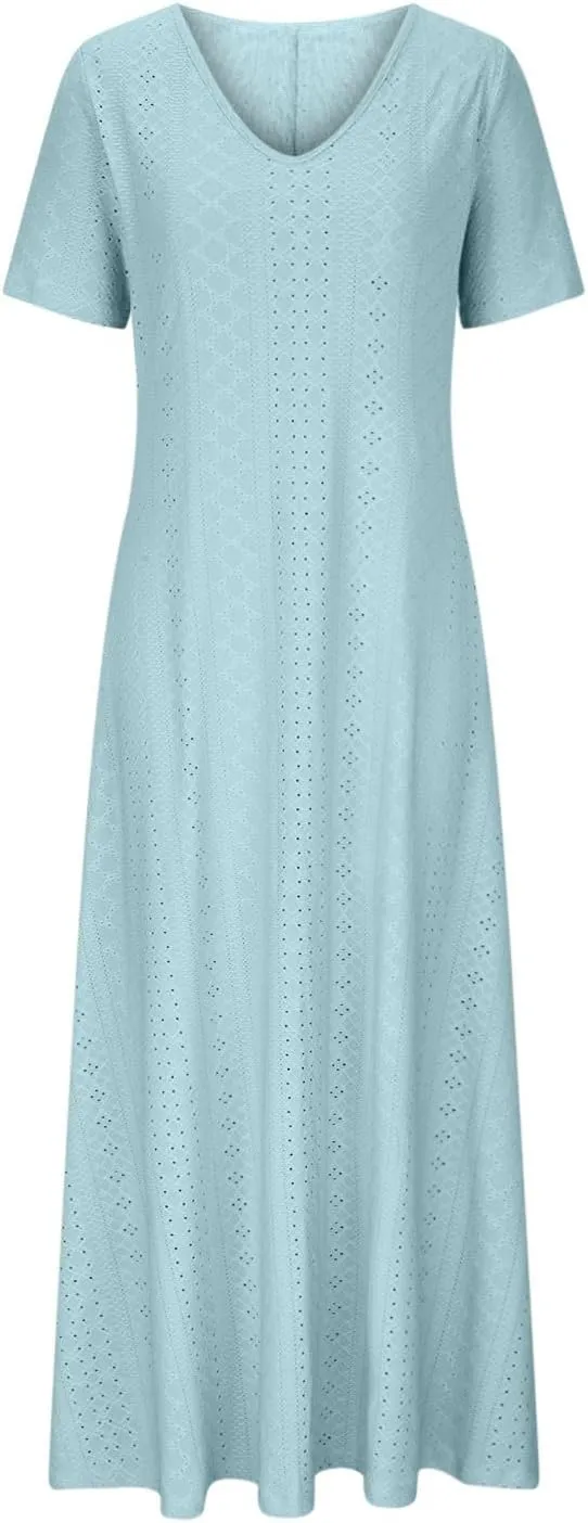 Women Casual Holiday Style Long Dress Short Sleeve V-Neck Hollow Out Dress Solid Loose Tunic Hide Belly Dress