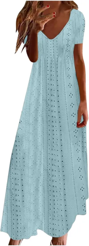 Women Casual Holiday Style Long Dress Short Sleeve V-Neck Hollow Out Dress Solid Loose Tunic Hide Belly Dress