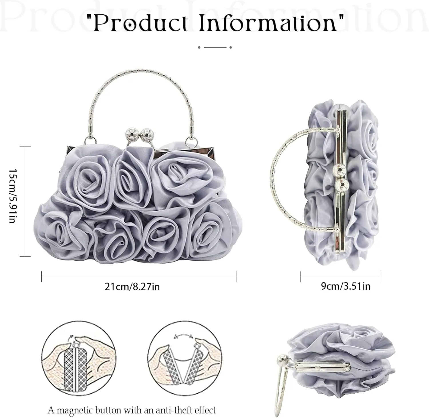 Women Evening Clutch Bag Floral Satin Small Purses with Detachable Strap for Wedding, Party, Prom