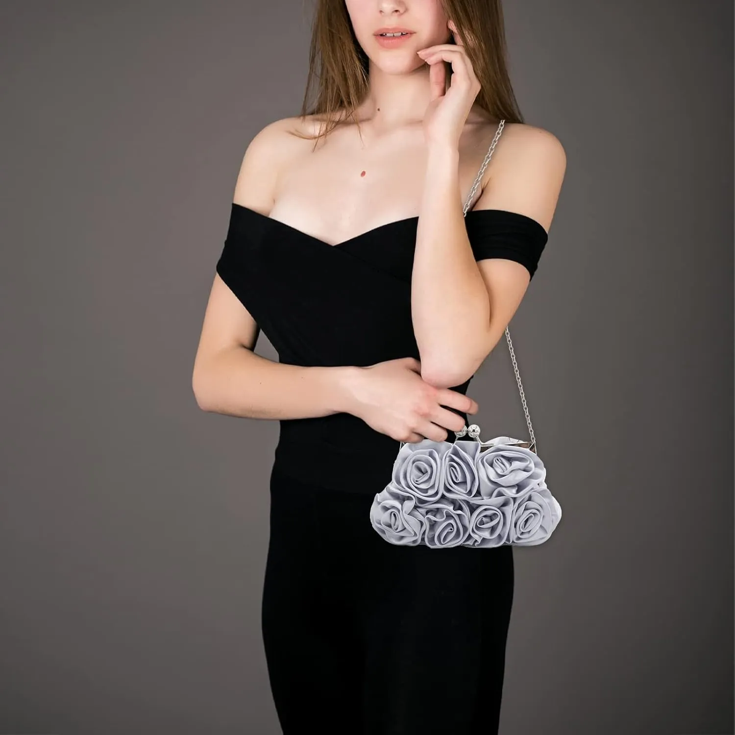 Women Evening Clutch Bag Floral Satin Small Purses with Detachable Strap for Wedding, Party, Prom