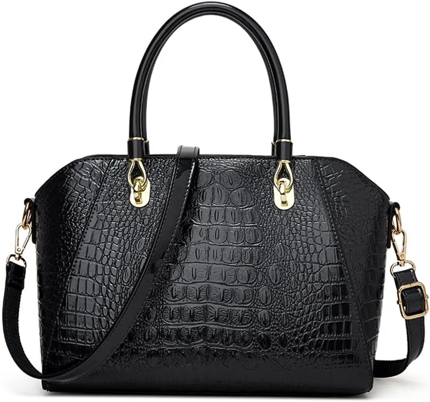Women Fashion Crocodile Pattern Handbag and Purse Patent Leather Shiny Top-handle Tote Shopper Work Shoulder Satchel