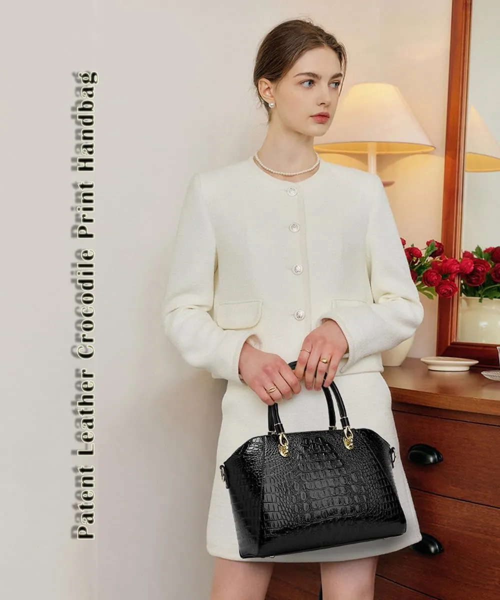 Women Fashion Crocodile Pattern Handbag and Purse Patent Leather Shiny Top-handle Tote Shopper Work Shoulder Satchel