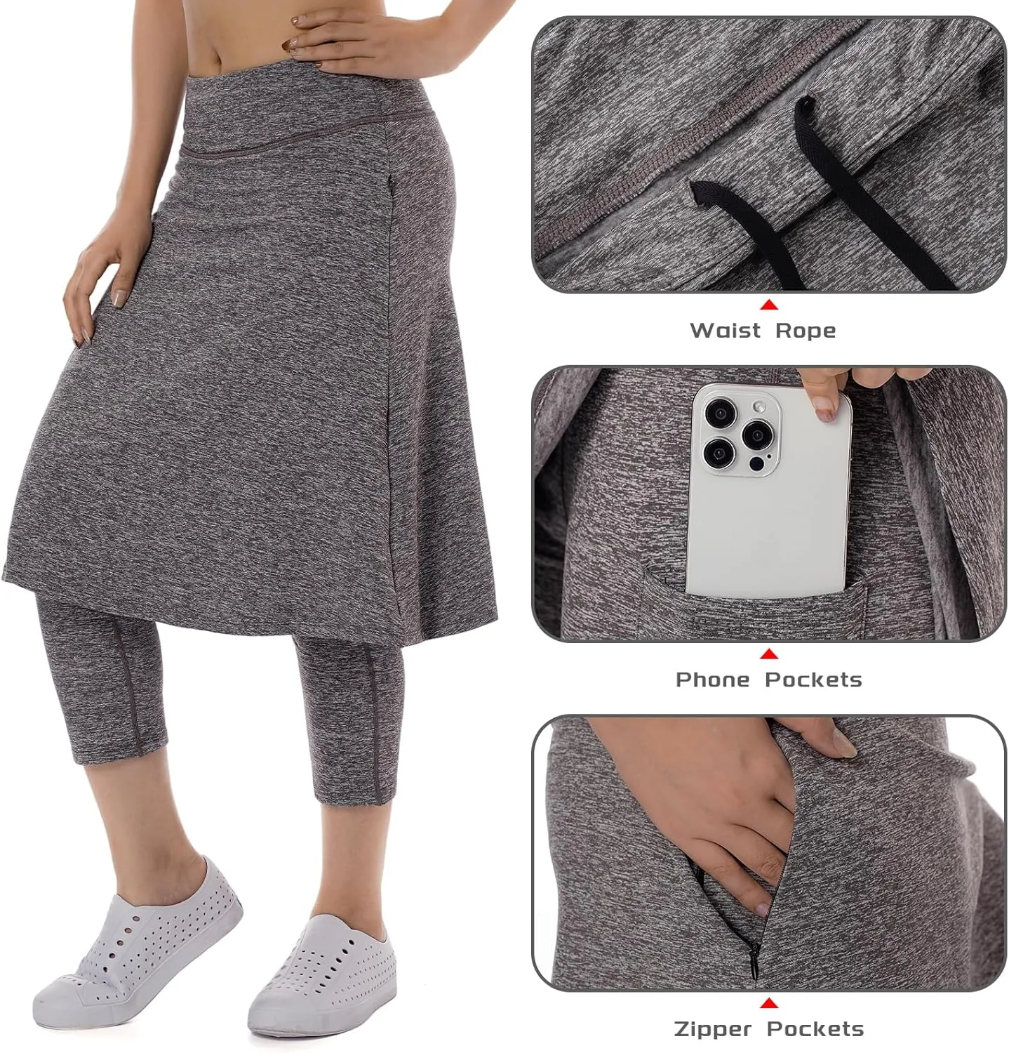 Women Fleece Skirts with 3/4 Leggings,Knee Length Skirts Leggings Thermal&Winter Skirted Capris Skorts with Pockets