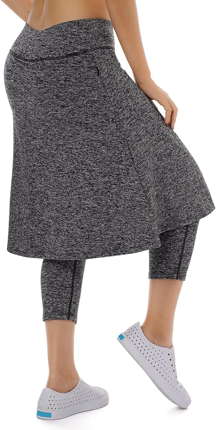 Women Fleece Skirts with 3/4 Leggings,Knee Length Skirts Leggings Thermal&Winter Skirted Capris Skorts with Pockets
