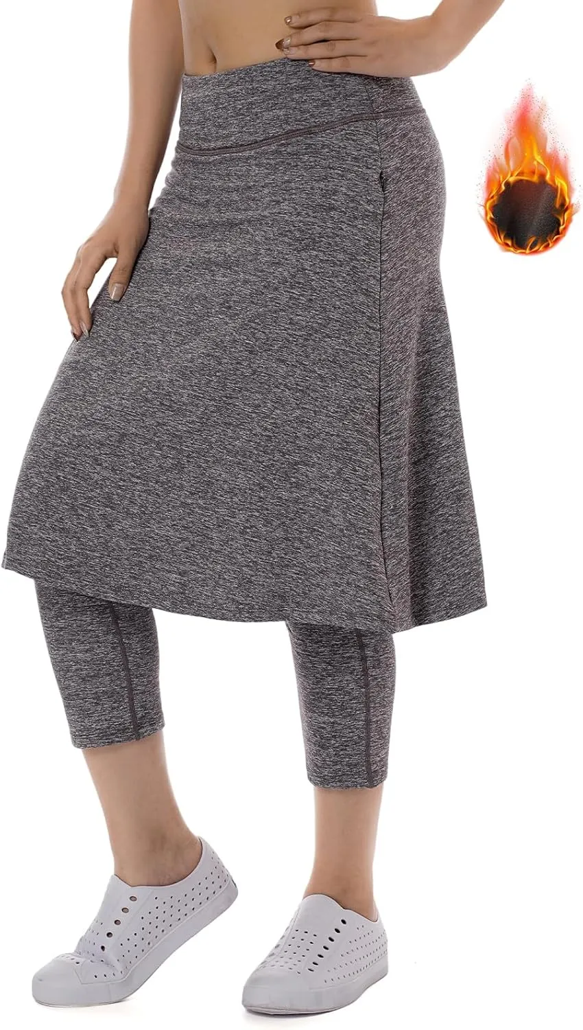 Women Fleece Skirts with 3/4 Leggings,Knee Length Skirts Leggings Thermal&Winter Skirted Capris Skorts with Pockets