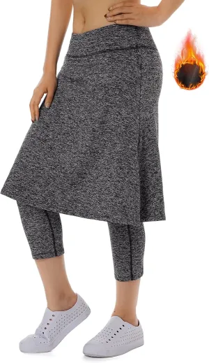 Women Fleece Skirts with 3/4 Leggings,Knee Length Skirts Leggings Thermal&Winter Skirted Capris Skorts with Pockets