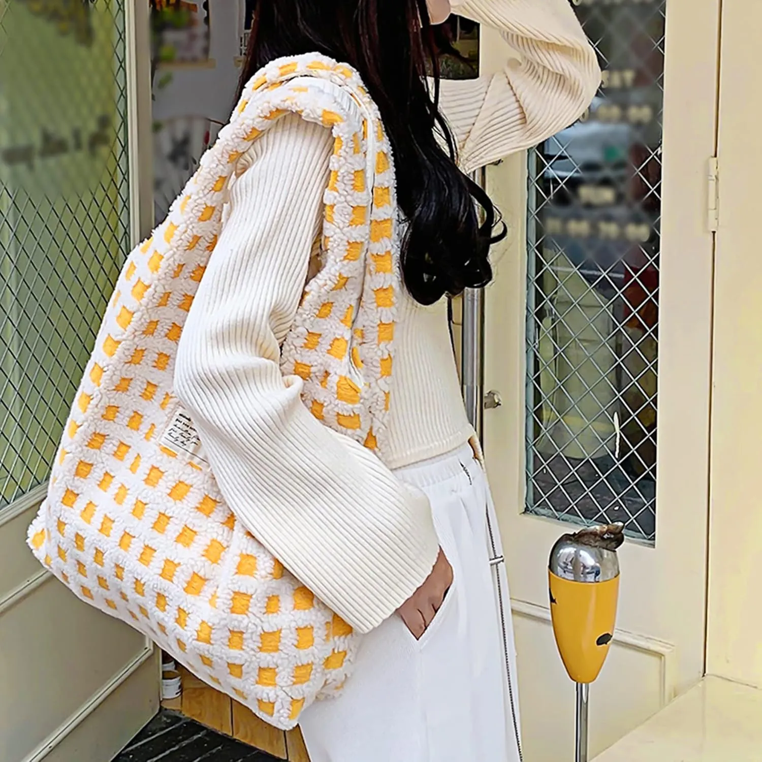 Women Ladies Cute Bear Plush Shoulder Bag Large Tote Handbag Purse Faux Fur Shopping Dating Bag