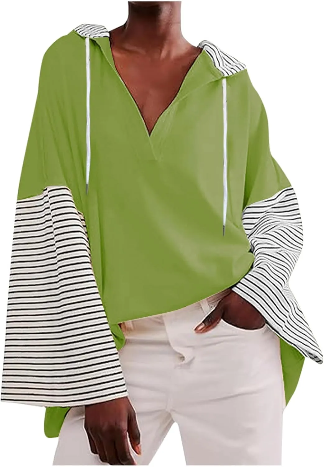 Women Oversized Sweatshirts 2024 Trendy Block Color Drawstring Pullover Hoodies Casual Fall Fashion Clothes