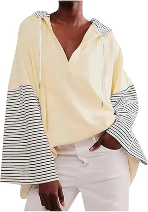 Women Oversized Sweatshirts 2024 Trendy Block Color Drawstring Pullover Hoodies Casual Fall Fashion Clothes