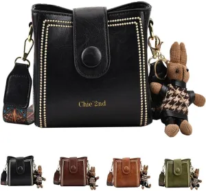 Women Retro Bucket Bag with Pendant Fashion PU Leather Crossbody Bag with Adjustable Wider Shoulder Strap Shoulder Purses
