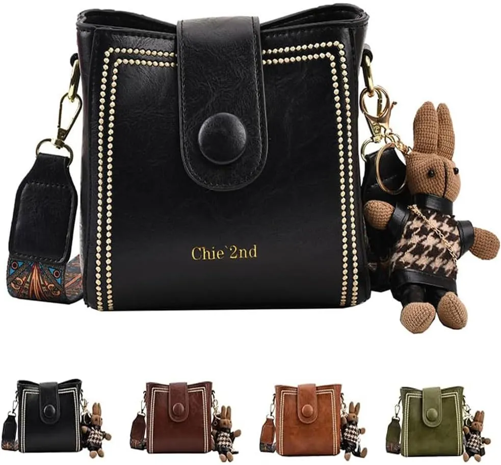 Women Retro Bucket Bag with Pendant Fashion PU Leather Crossbody Bag with Adjustable Wider Shoulder Strap Shoulder Purses