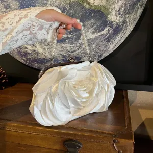 Women Rose Clutch Satin Rose Purse Floral Clutch Evening Handbag Detachable Strap Tea Party Bag Gift for Girl Mom