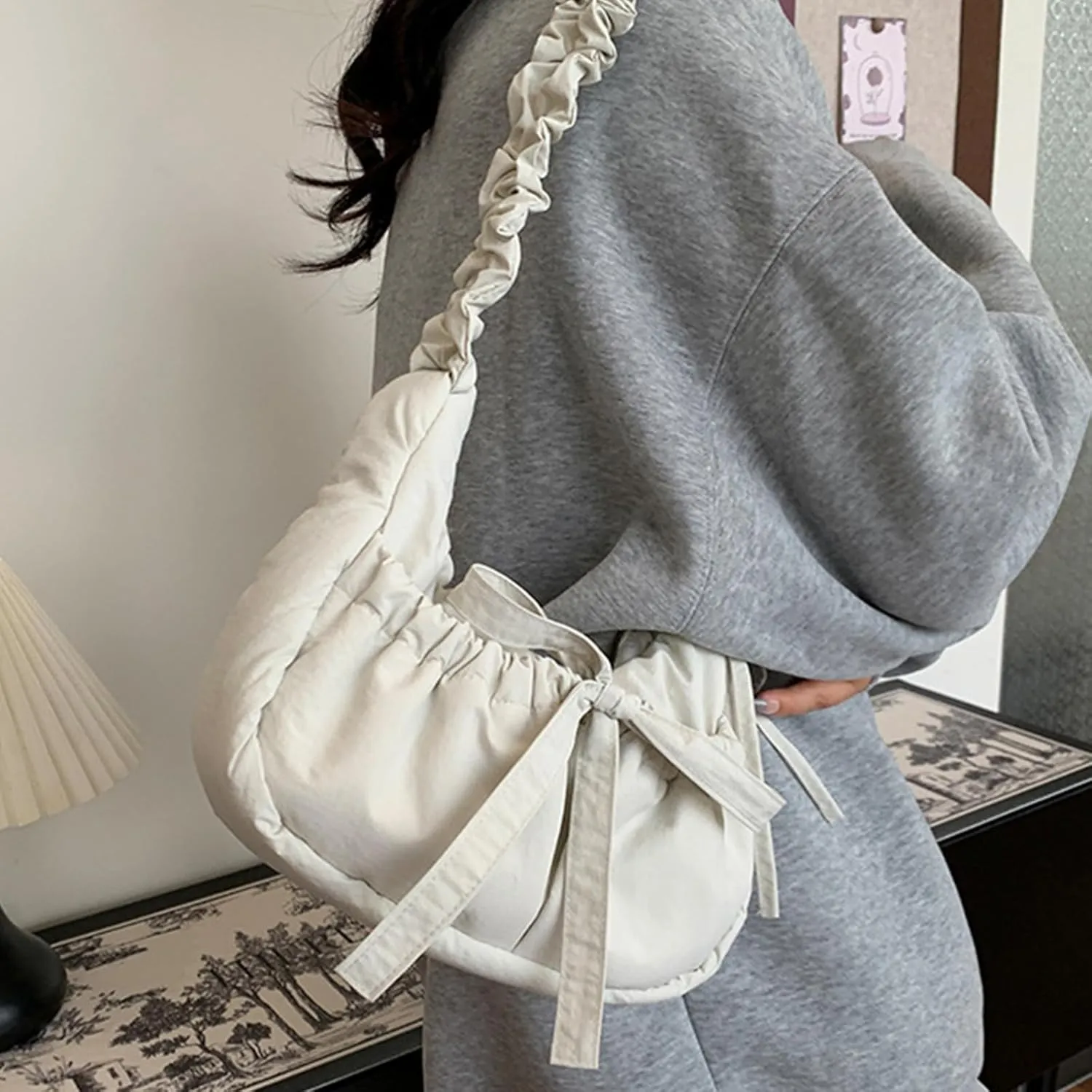 Women Shoulder Bag Lovely Bows Armpit Bag Korean Styles Messengers Bag Shopping Bag Drawstring Crossbody Bag for Daily