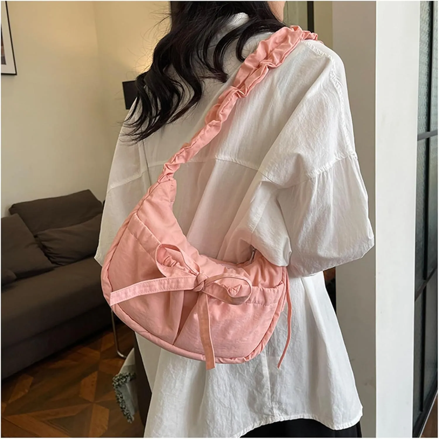Women Shoulder Bag Lovely Bows Armpit Bag Korean Styles Messengers Bag Shopping Bag Drawstring Crossbody Bag for Daily