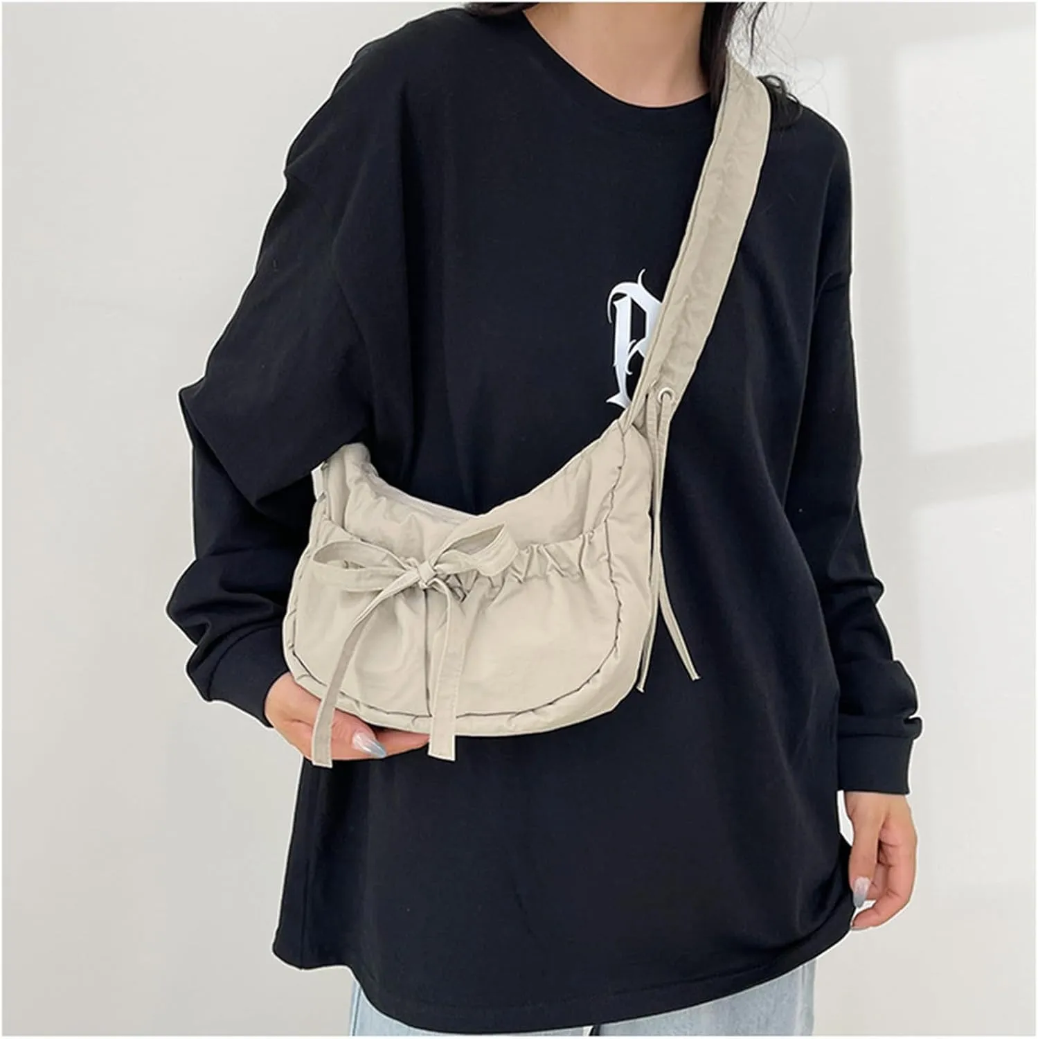 Women Shoulder Bag Lovely Bows Armpit Bag Korean Styles Messengers Bag Shopping Bag Drawstring Crossbody Bag for Daily