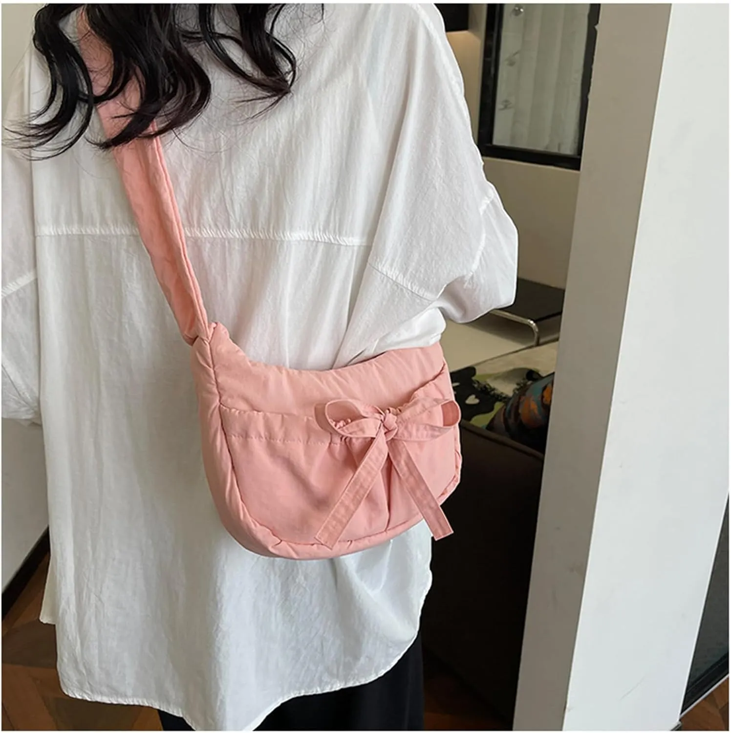 Women Shoulder Bag Lovely Bows Armpit Bag Korean Styles Messengers Bag Shopping Bag Drawstring Crossbody Bag for Daily