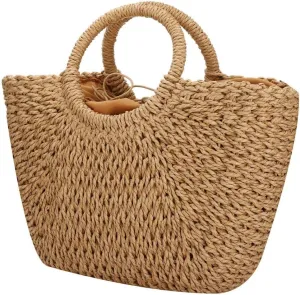 Women Summer Beach Bag, Straw Handbag Top Handle Big Capacity Travel Tote Purse Hand Woven Straw Large Hobo Bag
