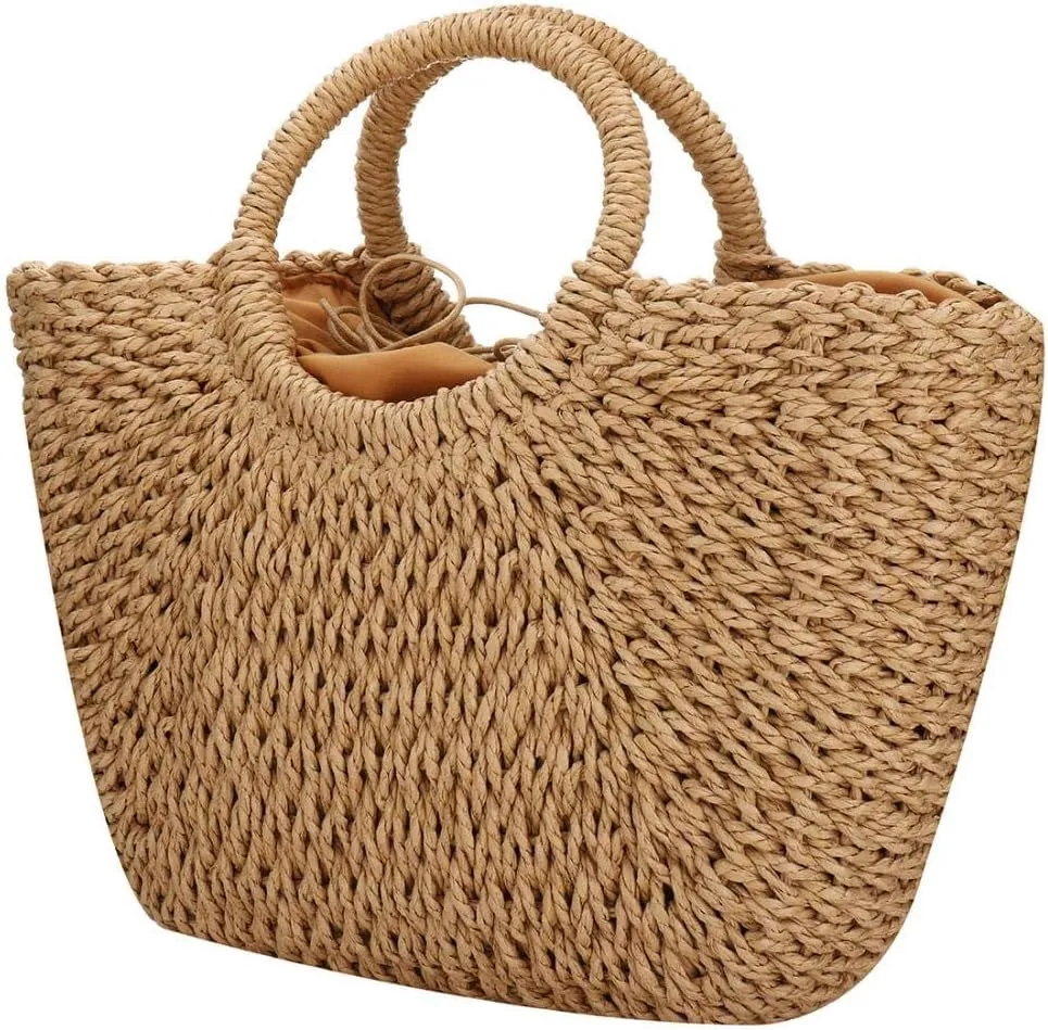 Women Summer Beach Bag, Straw Handbag Top Handle Big Capacity Travel Tote Purse Hand Woven Straw Large Hobo Bag
