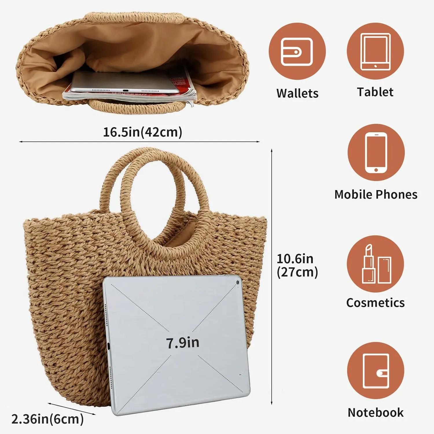 Women Summer Beach Bag, Straw Handbag Top Handle Big Capacity Travel Tote Purse Hand Woven Straw Large Hobo Bag
