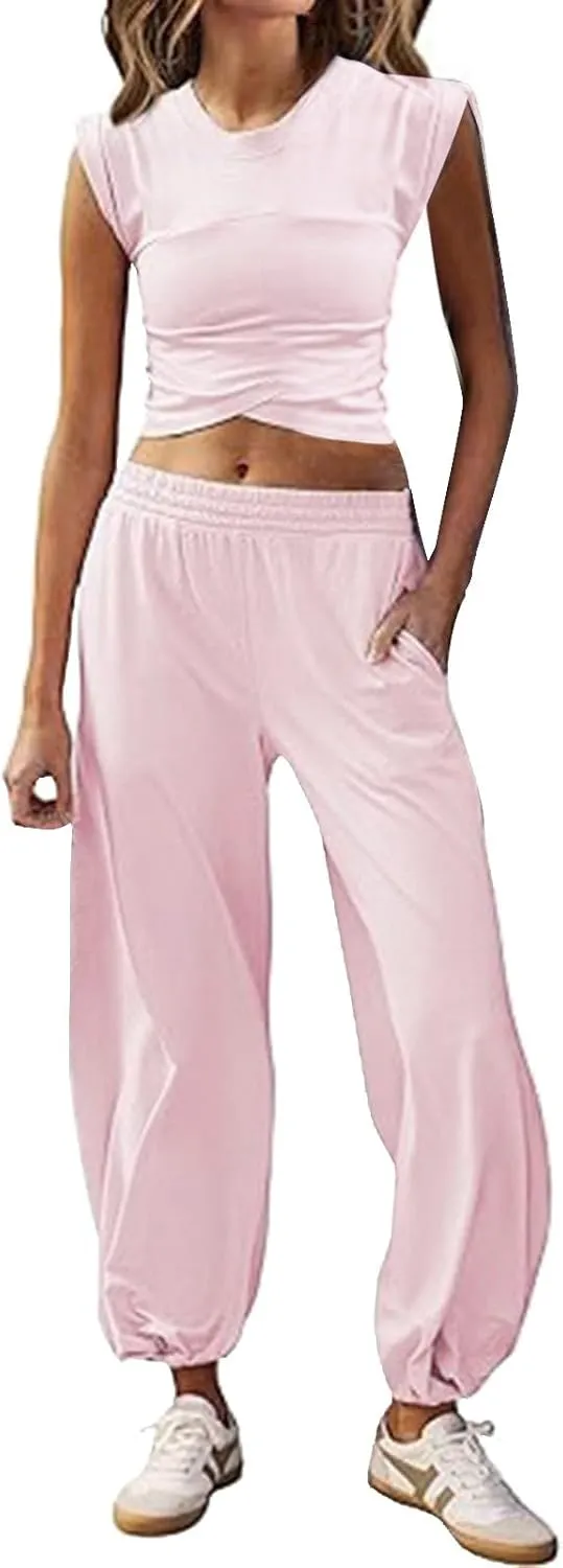 Women's 2 Piece Outfits Cap Sleeve Crissover Crop Top and Jogger Pants Sets Summer Workout Gym Sweatsuits Hip Hop Streetwear