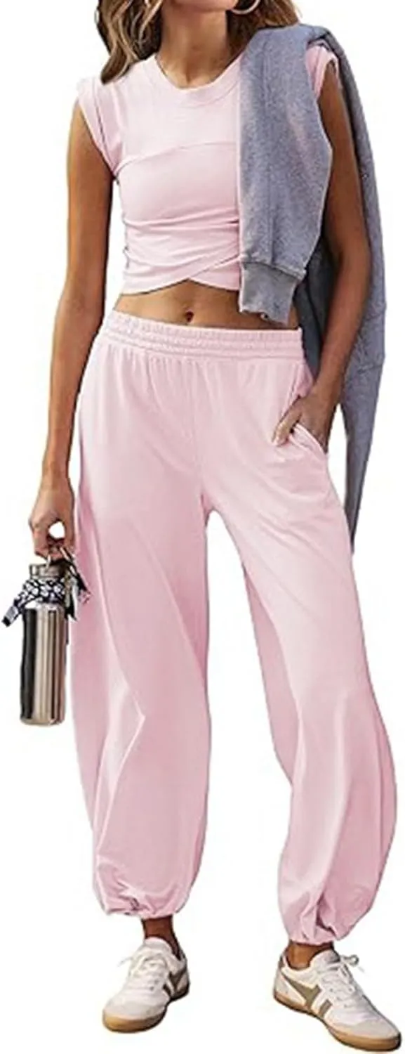 Women's 2 Piece Outfits Cap Sleeve Crissover Crop Top and Jogger Pants Sets Summer Workout Gym Sweatsuits Hip Hop Streetwear