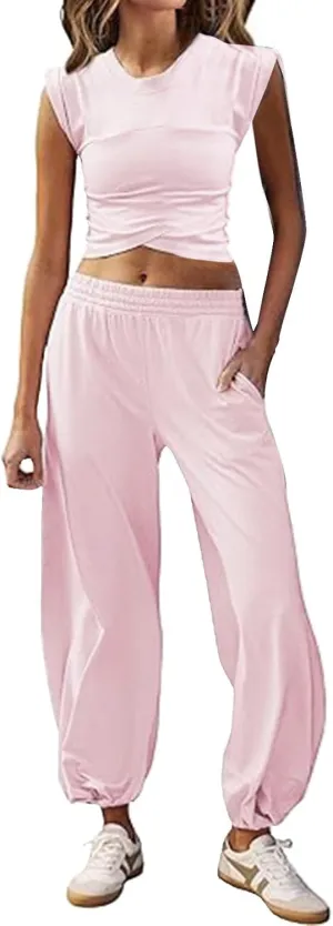 Women's 2 Piece Outfits Cap Sleeve Crissover Crop Top and Jogger Pants Sets Summer Workout Gym Sweatsuits Hip Hop Streetwear