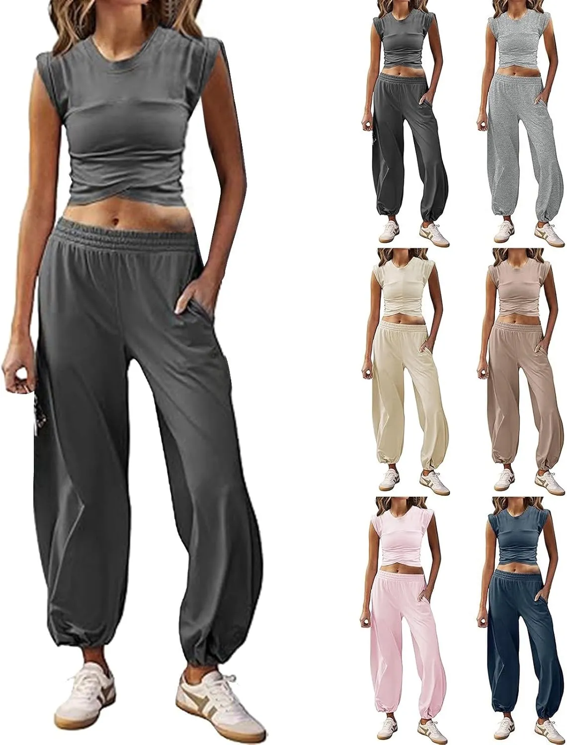 Women's 2 Piece Outfits Cap Sleeve Crissover Crop Top and Jogger Pants Sets Summer Workout Gym Sweatsuits Hip Hop Streetwear