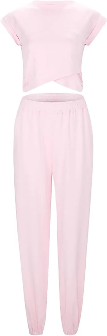 Women's 2 Piece Outfits Cap Sleeve Crissover Crop Top and Jogger Pants Sets Summer Workout Gym Sweatsuits Hip Hop Streetwear