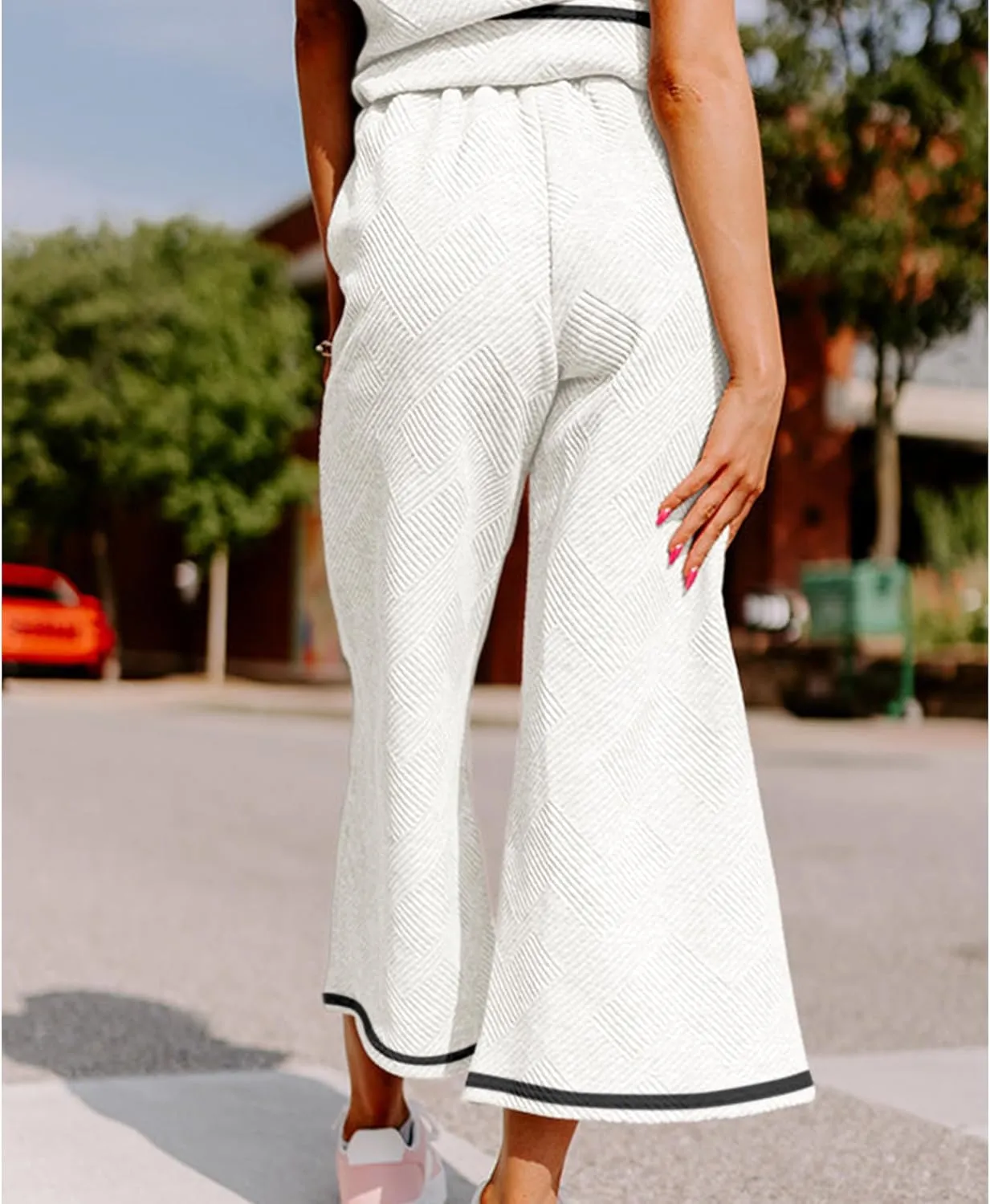 Women's 2 Piece Outfits Textured Sweatsuit 3/4 Batwing Sleeve Crew Neck Pullover Top Wide Leg Pant Tracksuit Set