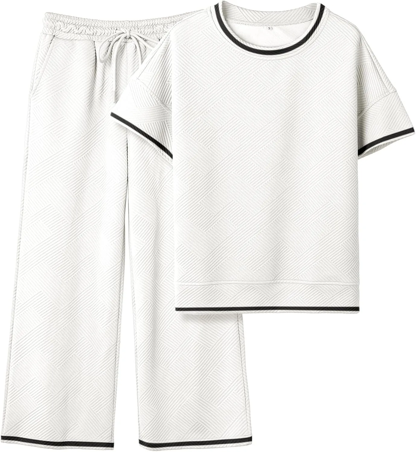 Women's 2 Piece Outfits Textured Sweatsuit 3/4 Batwing Sleeve Crew Neck Pullover Top Wide Leg Pant Tracksuit Set