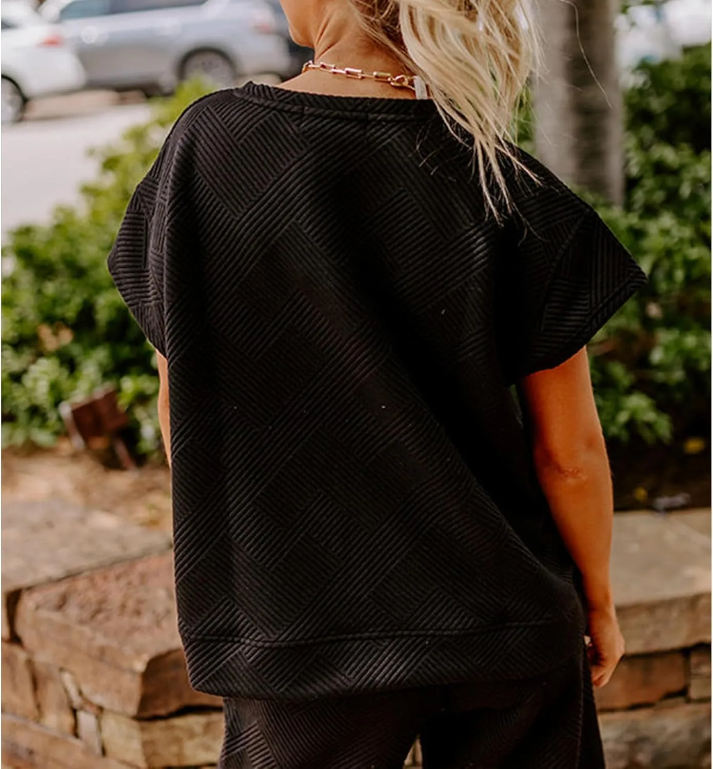 Women's 2 Piece Outfits Textured Sweatsuit 3/4 Batwing Sleeve Crew Neck Pullover Top Wide Leg Pant Tracksuit Set