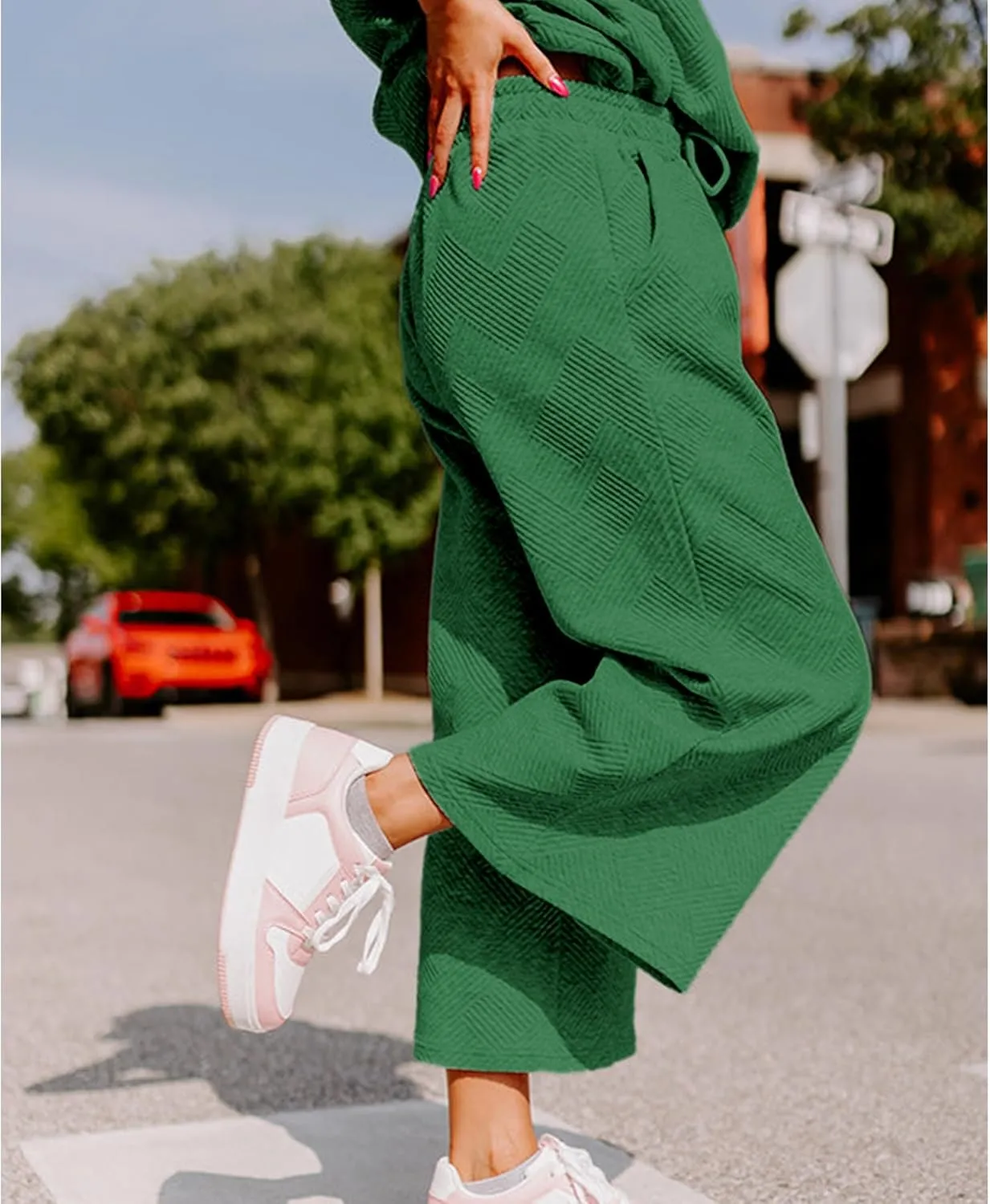 Women's 2 Piece Outfits Textured Sweatsuit 3/4 Batwing Sleeve Crew Neck Pullover Top Wide Leg Pant Tracksuit Set