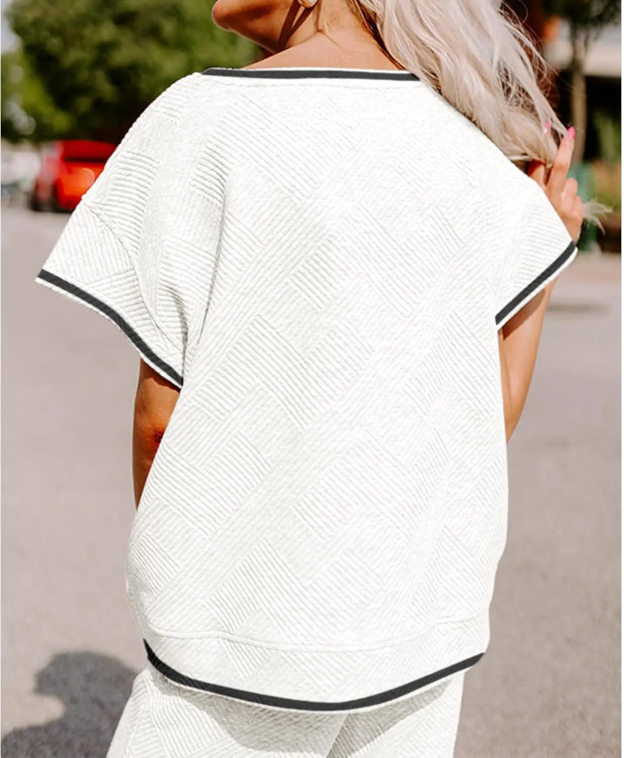 Women's 2 Piece Outfits Textured Sweatsuit 3/4 Batwing Sleeve Crew Neck Pullover Top Wide Leg Pant Tracksuit Set
