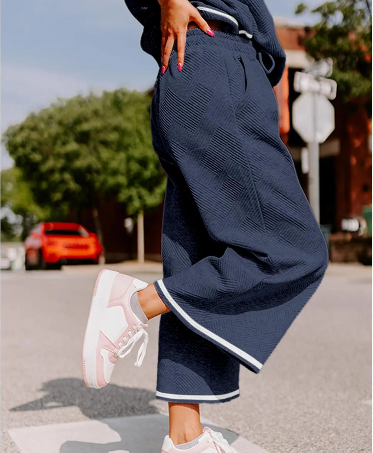 Women's 2 Piece Outfits Textured Sweatsuit 3/4 Batwing Sleeve Crew Neck Pullover Top Wide Leg Pant Tracksuit Set