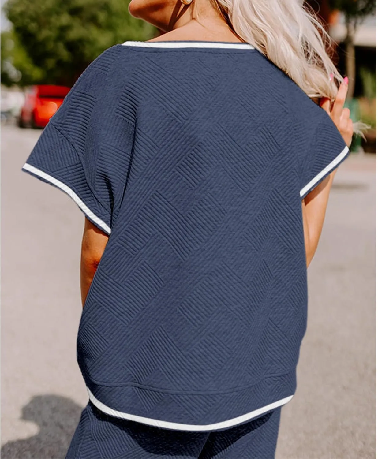 Women's 2 Piece Outfits Textured Sweatsuit 3/4 Batwing Sleeve Crew Neck Pullover Top Wide Leg Pant Tracksuit Set