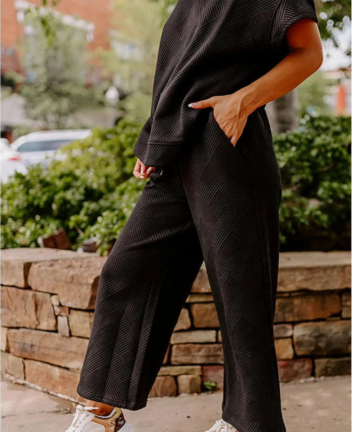 Women's 2 Piece Outfits Textured Sweatsuit 3/4 Batwing Sleeve Crew Neck Pullover Top Wide Leg Pant Tracksuit Set