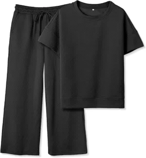 Women's 2 Piece Outfits Textured Sweatsuit 3/4 Batwing Sleeve Crew Neck Pullover Top Wide Leg Pant Tracksuit Set