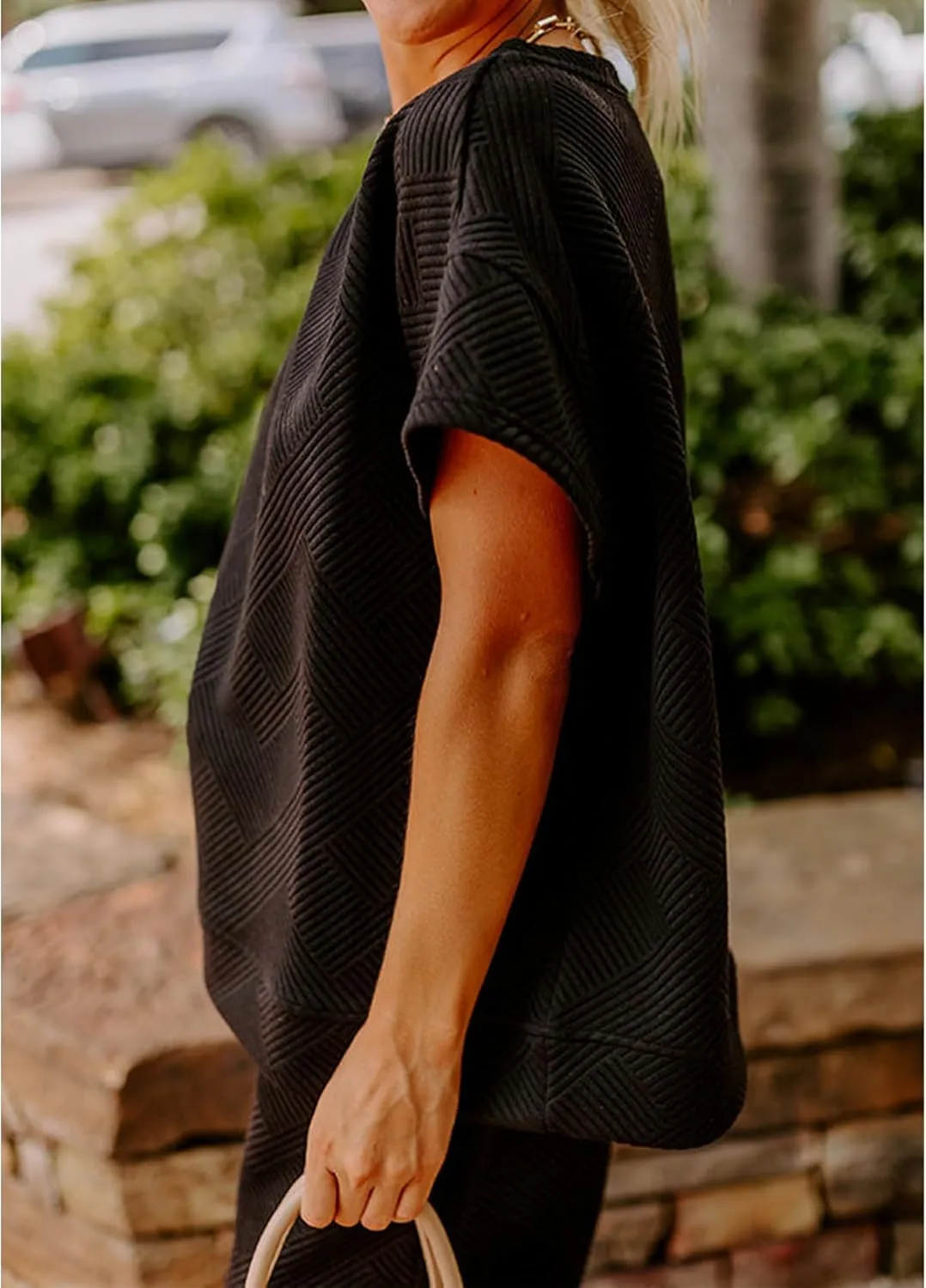 Women's 2 Piece Outfits Textured Sweatsuit 3/4 Batwing Sleeve Crew Neck Pullover Top Wide Leg Pant Tracksuit Set