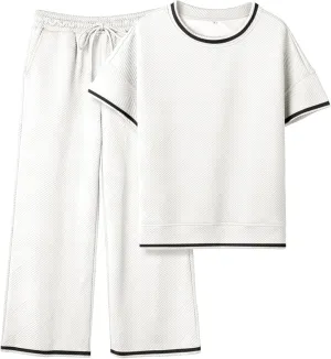 Women's 2 Piece Outfits Textured Sweatsuit 3/4 Batwing Sleeve Crew Neck Pullover Top Wide Leg Pant Tracksuit Set