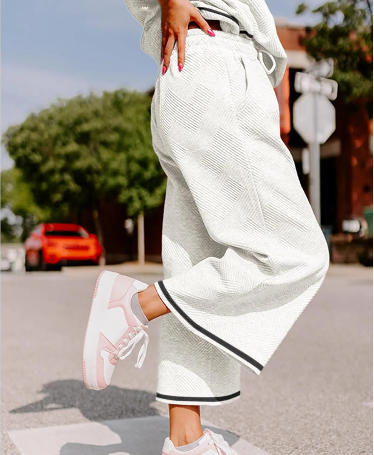 Women's 2 Piece Outfits Textured Sweatsuit 3/4 Batwing Sleeve Crew Neck Pullover Top Wide Leg Pant Tracksuit Set