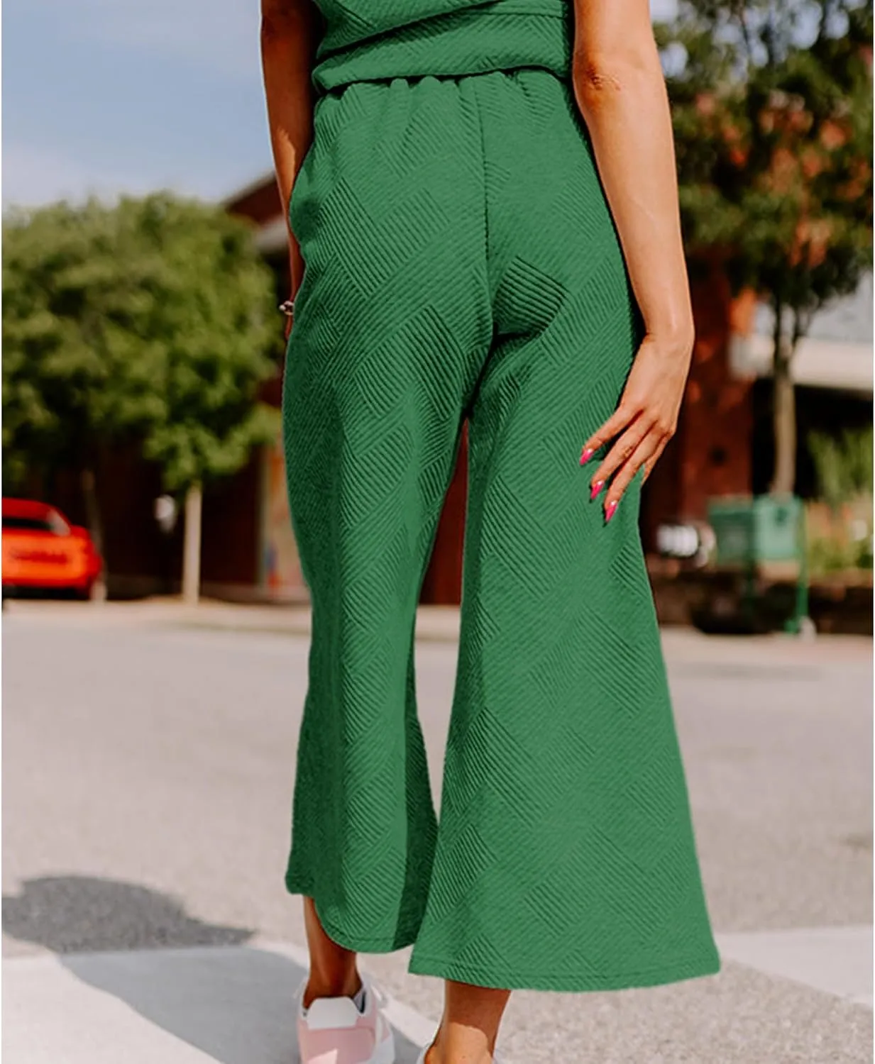 Women's 2 Piece Outfits Textured Sweatsuit 3/4 Batwing Sleeve Crew Neck Pullover Top Wide Leg Pant Tracksuit Set